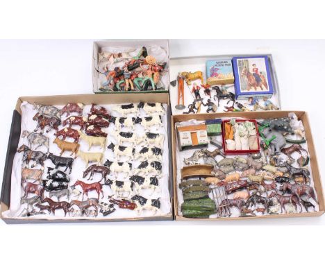 A collection of mostly Britains hollow cast lead farm animals and accessories, with a boxed Britains Picture Pack, some Charb