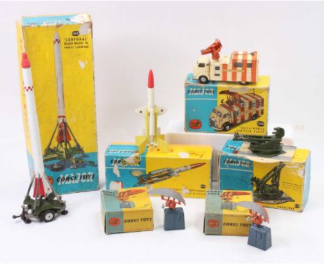 Corgi Toys boxed model group comprising No. 1112 'Corporal' Guided Missile Mobile Launcher, No. 1115 'Bloodhound' Guided Miss