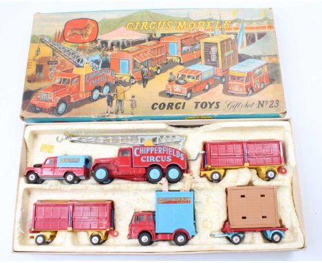 Corgi Toys Gift Set 23 Chipperfields Circus set comprising of No. 1121 crane truck, 2x No. 1123 animal cages, 503 TK giraffe 