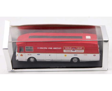 Spark Models 1/43 scale white metal and resin model of a Team Lotus 1970 race car transporter, finished in red, white and sil