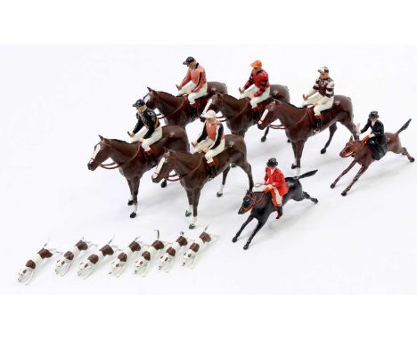 Britains Racing Colours group of 5 horses with riders in different colour combinations including one with a black jersey with