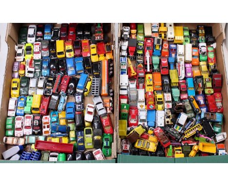 Two trays containing a collection of mixed Matchbox, Corgi, Husky, and similar scale loose diecasts, mixed examples to includ