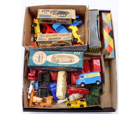 A collection of mixed plastic models including 2 boxed Penguin cars - a Jowett Javelin and a Riley, a boxed Mettoy friction d