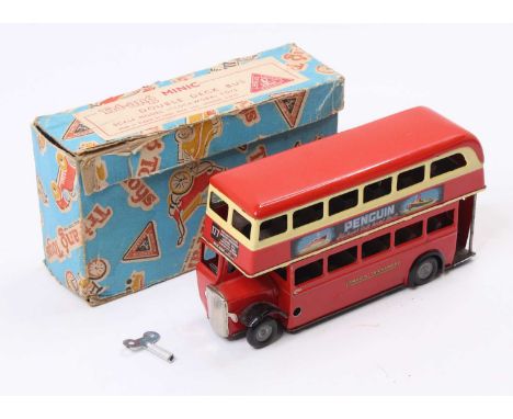A Triang Minic tinplate and clockwork model of a No. 30M double decker bus comprising of red and cream body with Penguin and 