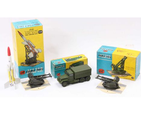 Corgi Toys group of 3 boxed models comprising No. 1118 International 6x6 Army Truck (E-NM,BVG), No. 1116 Bloodhound Rocket La