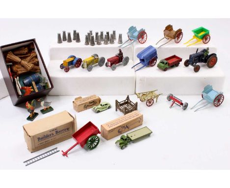 A collection of vintage farming-related models including a Britains Fordson E27N Tractor, a part boxed Britains Lilliput OO/H