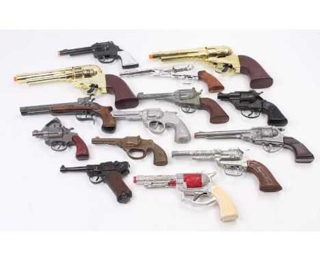 A collection of mixed diecast plastic and cast iron 1950s and later children's revolvers, cap guns and hand guns to include a