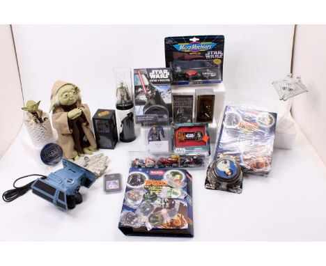 Two trays containing a quantity of modern release Star Wars collectables, ephemera and action figures, mixed examples to incl