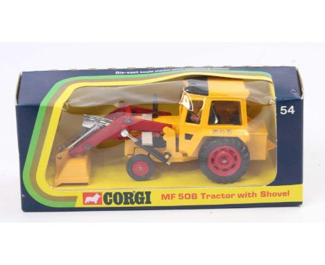 A Corgi Toys No. 54 Massey Ferguson MF50B tractor with shovel comprising of red and yellow body with red plastic hubs housed 