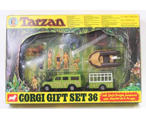 Corgi Toys Gift Set 36 Tarzan, contains Jungle Land Rover with animal trailer, a dingy on a trailer, tree house, Tarzan. Jayn