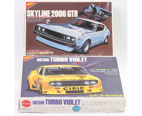 Nichimo 24 scale plastic kits, No.15 1972 Nissan Skyline 2000 GTR 2.dr #1 &amp; No.19 1974 Datsun 1601 Turbo Violet SSS 2.dr 