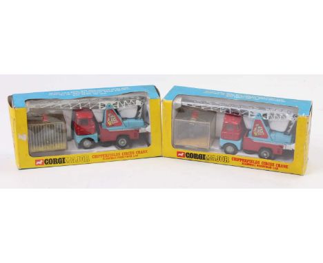 2 Corgi Toys No. 1144 Chipperfield Circus crane trucks, Scammell Handyman Cab comprising of red and light blue body, with rhi