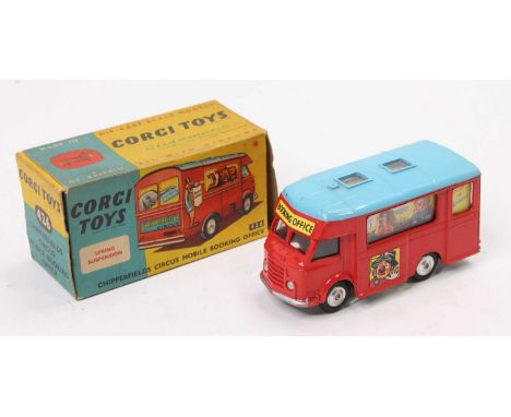 Corgi Toys No. 426 Chipperfields Circus Mobile Booking Office, comprising red and blue body with spun hubs, some small chips,