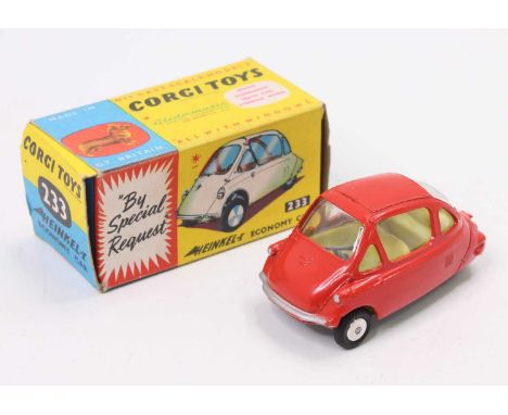 A Corgi Toys No. 233 Heinkel Economy car, comprising red body, yellow interior and silver spun hubs housed in the original bl