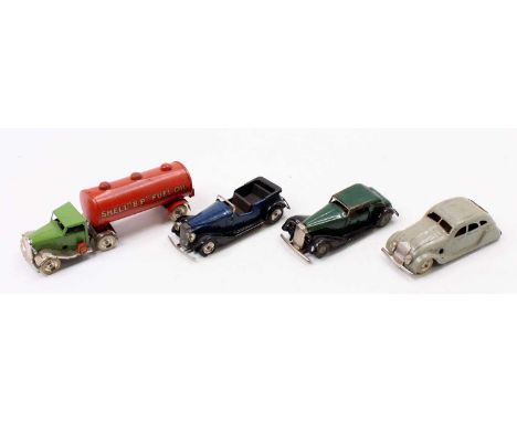 Triang Minic tinplate clockwork model group of 4 comprising a SHELL Petrol Tanker, a Chrysler Airflow, and 2 Vauxhall Saloon 