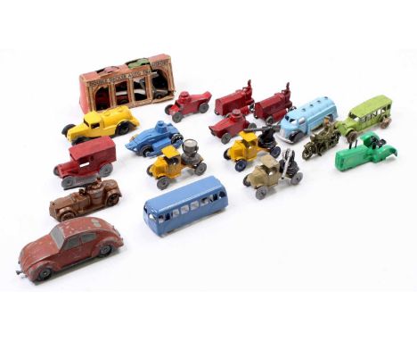 A collection of vintage diecasts including a John Hill &amp; Co. Army Truck, 2x LondonToy model Buses, 2x Depose of France Tr