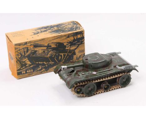 A PN Toys of Germany tinplate and clockwork model of a PN400 battle tank housed in the original pictorial and card box, compl