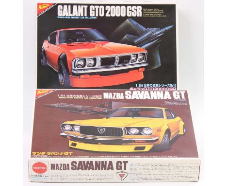Nichimo 1.24 scale plastic kits, No.29 1972 Mazda Savanna RX-3 GT RE dr #14 &amp; No.18 1974 Mitsubishi Galant GTO 2000 GSR 2