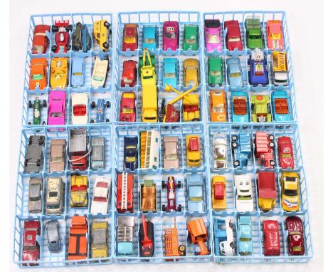 Six 12 section trays containing 72 various Matchbox, Husky, Corgi Juniors, and similar scale diecast vehicles in varying cond