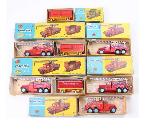 Corgi Toys boxed Chipperfields Circus models group comprising 2x Gift Set No. 12 Crane Truck and cage, red and light blue cra