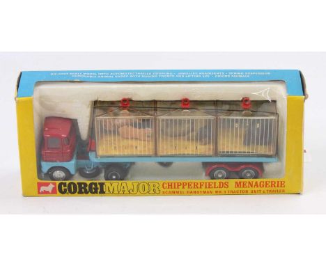 Corgi Toys No.1139 "Chipperfields Circus" Scammell Handyman Menagerie, finished in red, blue, cast hubs with 3 x Animal Cages