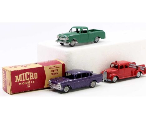 Micro Models of Australia group of 3 comprising GB13 Morris Fire Engine in red, G38 Holden Coupe Utility in green, and a boxe