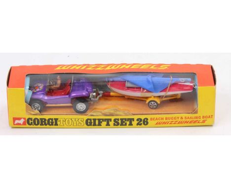 Corgi Toys Gift Set 26 Beach Buggy and Sailing Boat finished in purple with driver figure and plastic sailing boat with sail 