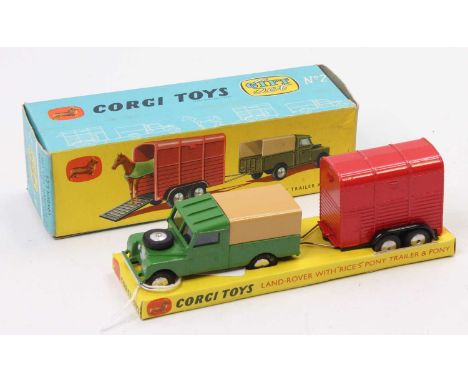 Corgi Toys Gift Set 2 Land Rover and pony trailer, green Land Rover with a tan tilt with bright red horse-box and horse figur