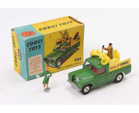 A Corgi Toys No.472 Public Address Vehicle "Vote for Corgi", comprising a green body with yellow back and spun hubs, comes co
