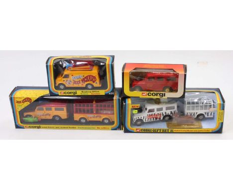 Corgi Toys boxed model group of 4 comprising Gift Set 31 Safari Land Rover and Animal Trailer with Lion and game warden, slig