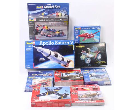 One box containing a collection of Revell and Airfix aircraft, Space, F1, and car related kit group to include a Revell Marc 