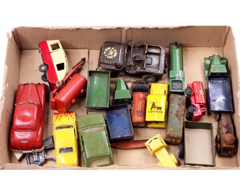 One tray of Triang Minic, Brimtoy, Polistil and similar tinplate and diecast vehicles to include a Gunthermann 6-wheel army b