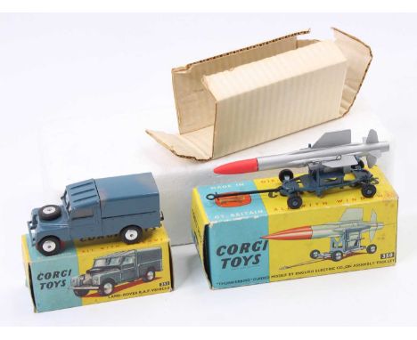 Corgi Toys No. 351 Land Rover RAF vehicle, RAF blue body and canopy with flat spun hubs and RAF roundel sticker to the front,