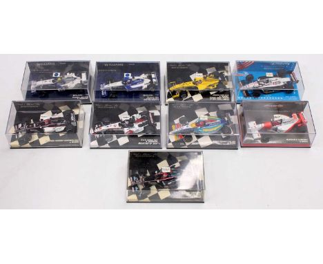 Nine various plastic cased Minichamps 1/43 scale F1 related diecast to include an Eddie Irvine Jordan Peugeot EJR 195, a Nige