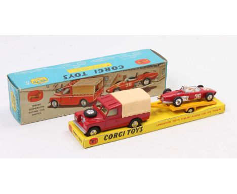 Corgi Toys Gift Set No. 17 Land Rover with Ferrari racing car on trailer comprising of red body, lemon interior, spun hubs an