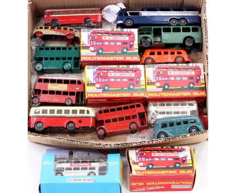 A tray containing a collection of various bus and coach models, with specific examples being Lone Star Routemaster London Bus