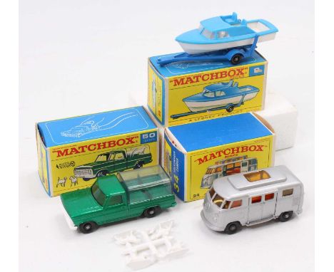 Matchbox Regular Wheels Boxed Diecast group, 3 examples to include No.34 Volkswagen Camper, silver BPW, E Type Box, together 