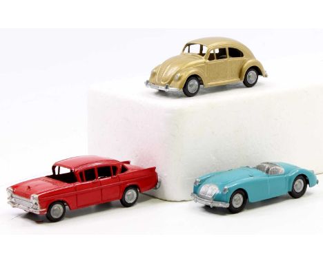 Micro Models of Australia group of 3 comprising No. GB25 Volkswagen Beetle in gold, No. G32 MGA Sports Car in blue, and No. G