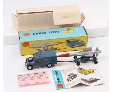 Corgi Toys Gift Set No.3 'Thunderbird' guided missile on assembly trolley and RAF Land Rover, silver missile with red rubber 