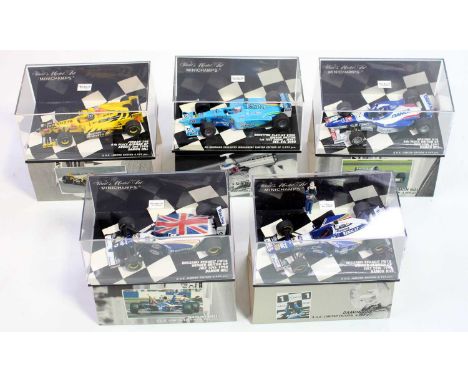 Five Minichamps 1/43 scale limited edition diecast F1 models to include an AUK Damon Hill limited edition F1 race car, a Jens