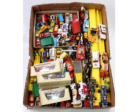 One tray containing a large collection of play-worn diecasts including Matchbox, Corgi, and Dinky Toys