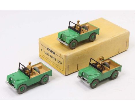 Dinky Toys No. 27D / 340 Land Rover original trade box containing 3 models consisting of green body and hubs, tan interior an