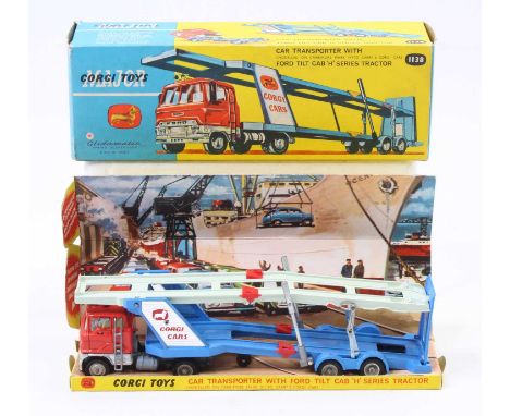 Corgi Toys 1138 Car Transporter with Ford Tilt Cab H series tractor unit and trailer, comprising of red and blue body with ca