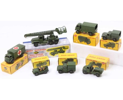 A collection of boxed Dinky Toys military vehicles, examples include No. 667 Missile Servicing Platform Vehicle (VNMM-BNM), N