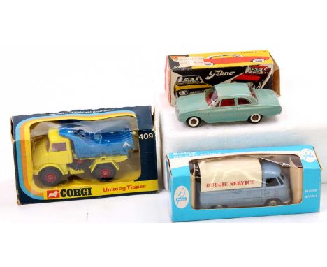 A boxed Budgie Corgi and Tekno diecast group to include a Corgi Toys No. 409 Unimog tipper, a Budgie models Budgie Service Vo