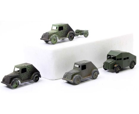 A collection of Kemlow military diecast models comprising 3x Armoured Car, with one having the trailer gun, and an armoured Q