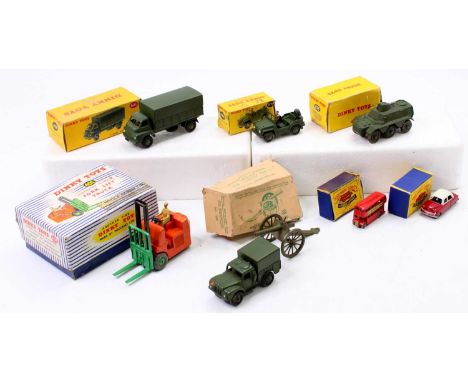 Dinky Toys model group comprising No. 621 3 Ton Army Wagon (VNM-BVG), No. 674 Austin Champ (VNM-BG), No. 676 Armoured Personn