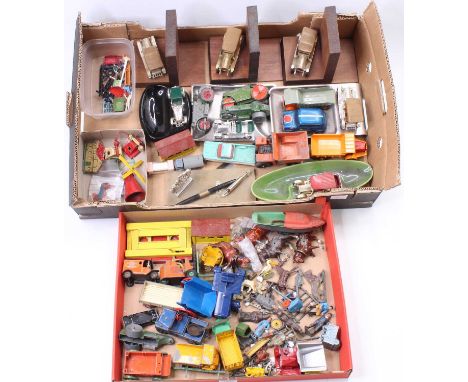 Two trays containing a quantity of mixed diecast, lead hollow cast, plastic, and similar diecast miniatures and accessories t