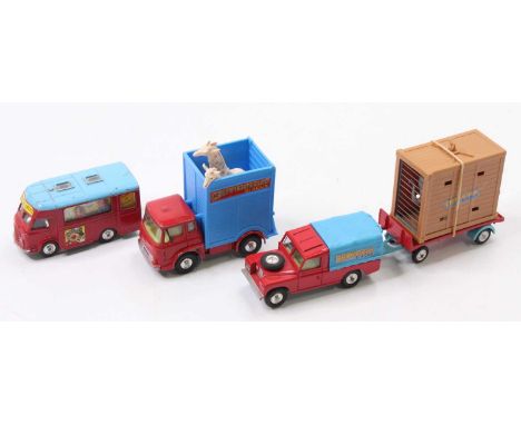 A collection of Corgi Toys Chipperfields Circus models comprising Gift Set 19 Land Rover with elephant cage on trailer (VG), 