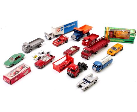A collection of vintage diecast models from various manufacturers, with specific examples including a Marklin NSU RO80, a Meb
